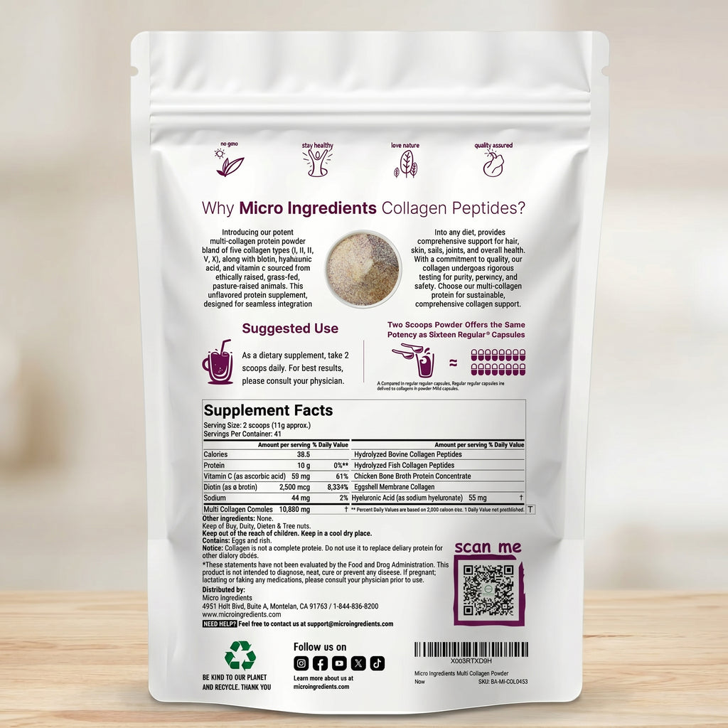 Supplement facts for Multi collagen peptides powder. Collagen peptides nutrition facts and ingredient label.