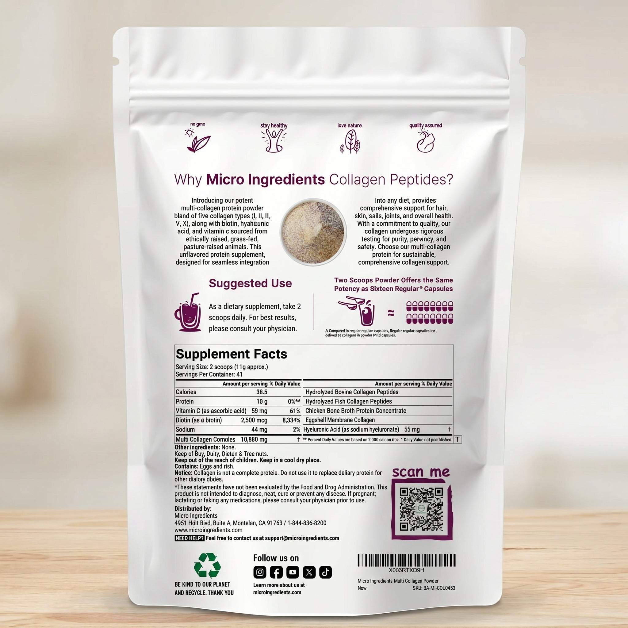 Supplement facts for Multi collagen peptides powder. Collagen peptides nutrition facts and ingredient label.