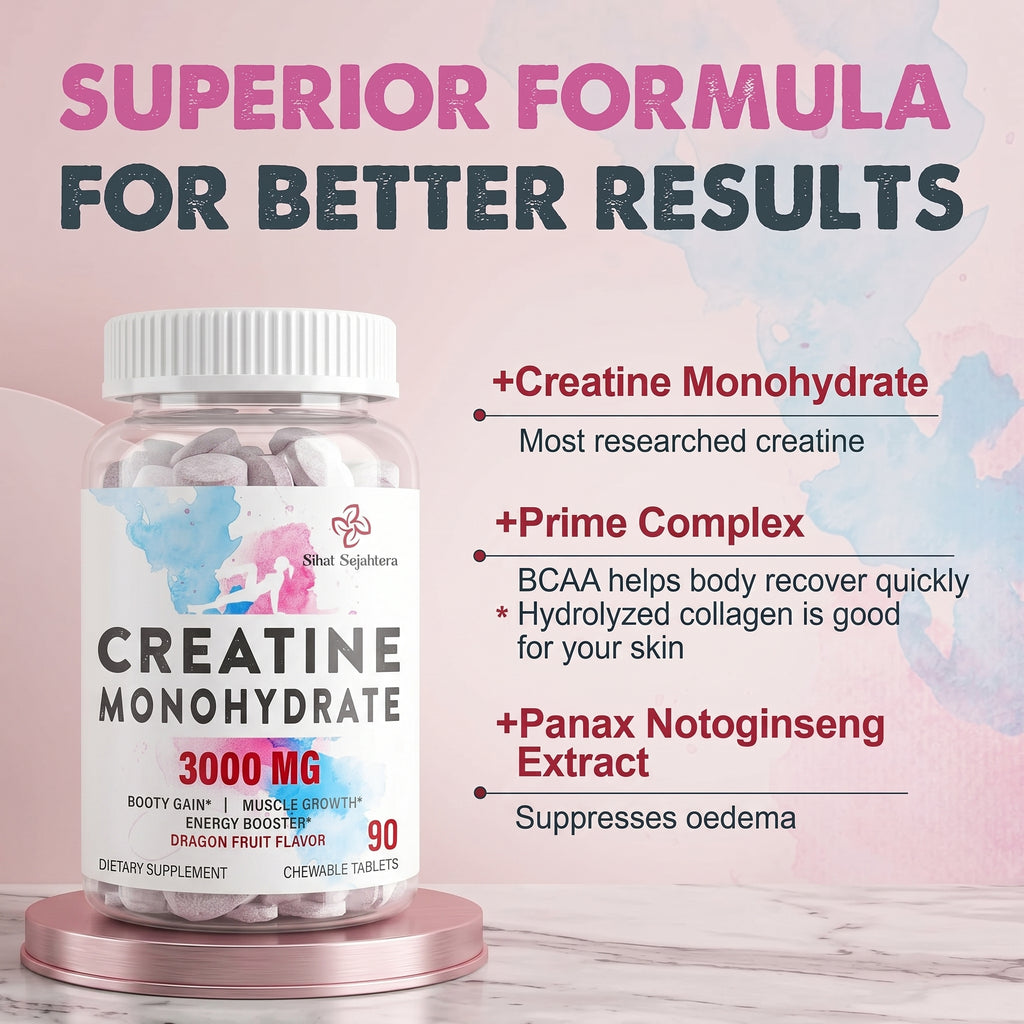 Fitness creatine supplement bottle with chewable tablets