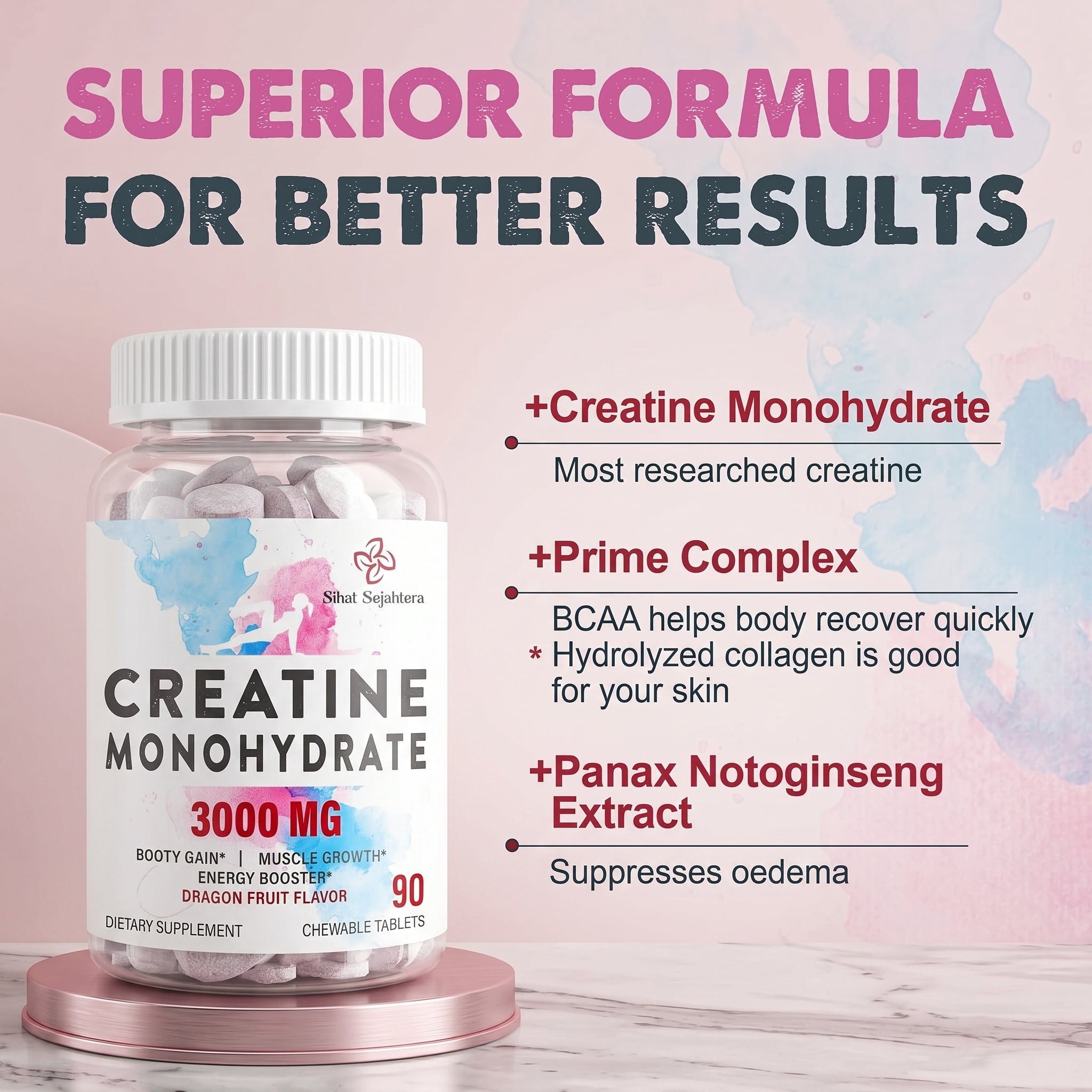 Fitness creatine supplement bottle with chewable tablets