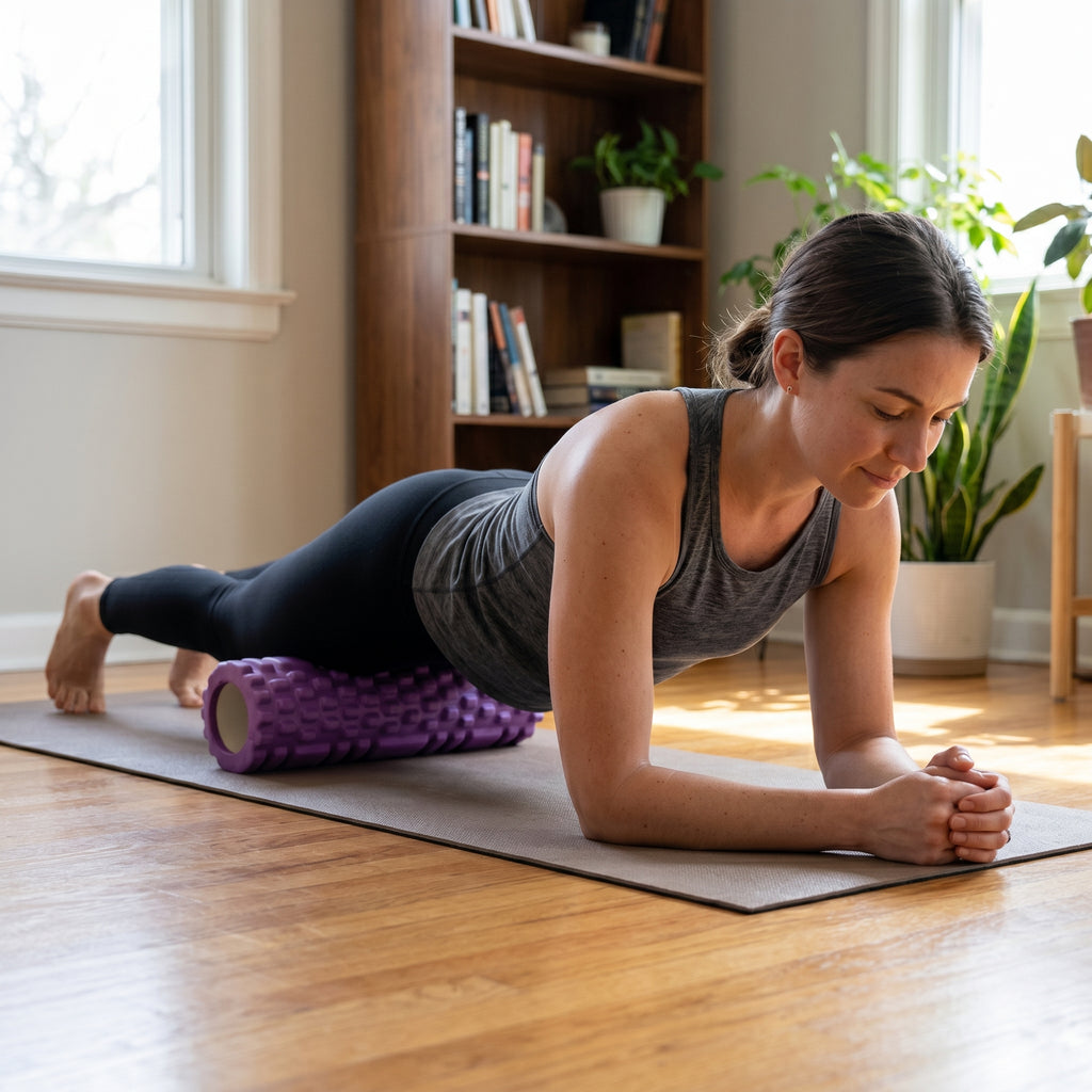 Woman using yoga foam roller for leg and back massage