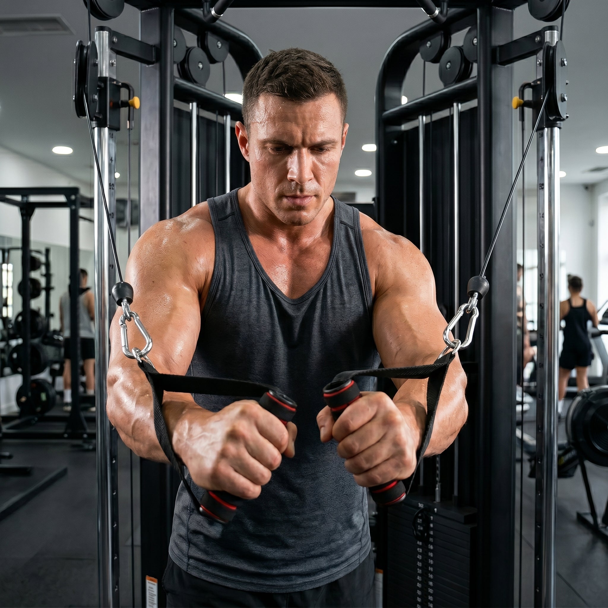 Man performing resistance training with fitness handle attachments