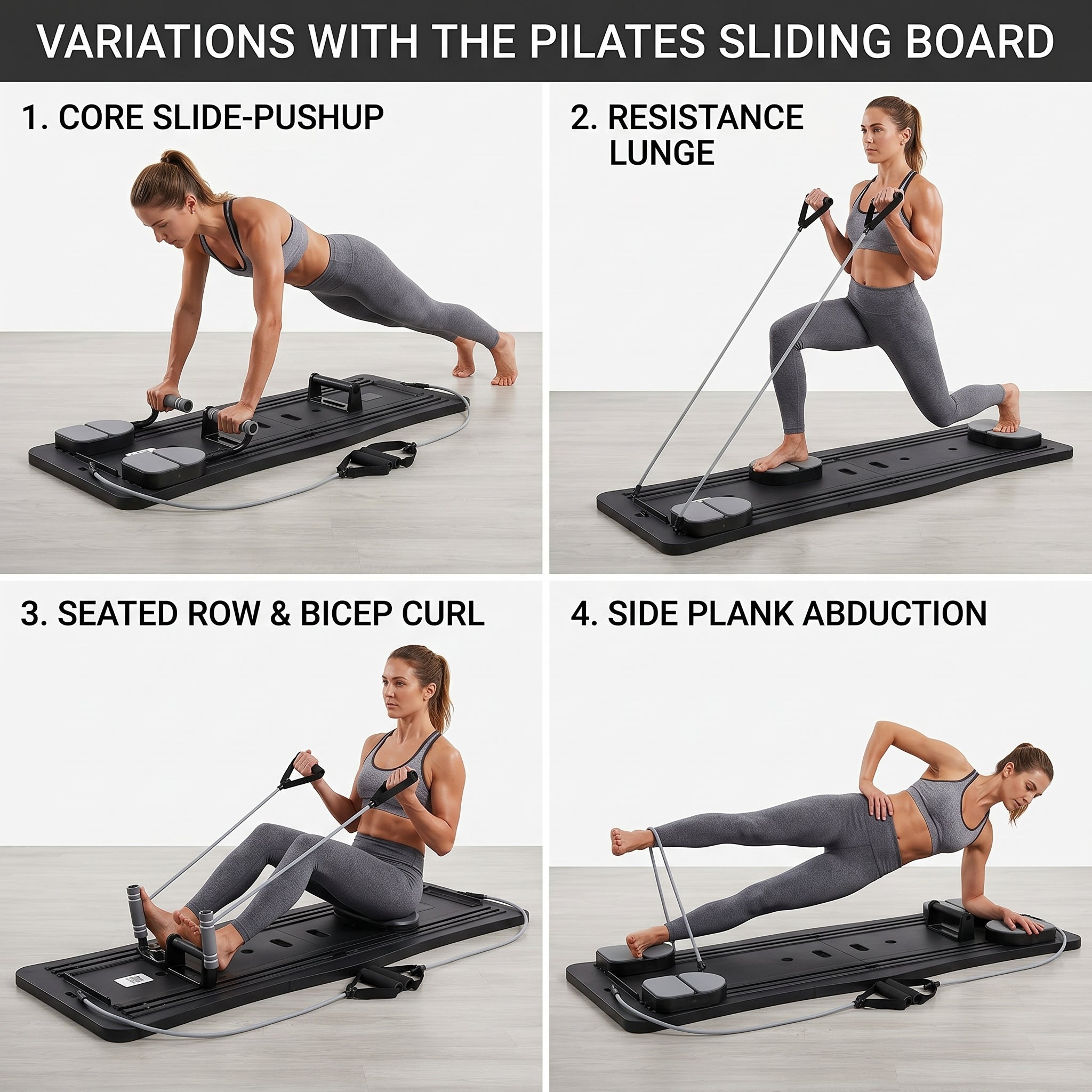 Woman using foldable Pilates board for home workout showing the variations of exercises