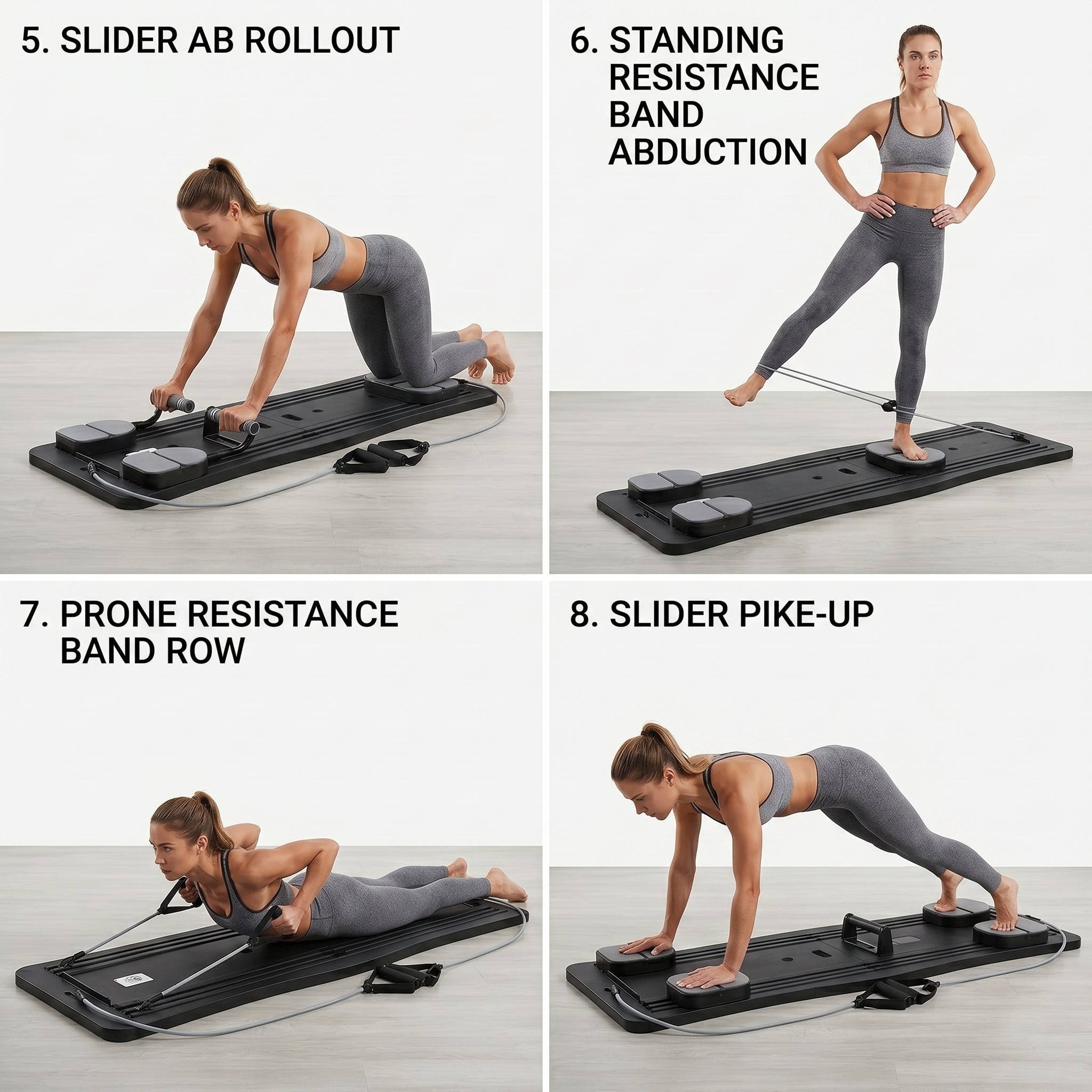 Exercises done using foldable Pilates board for home workout 