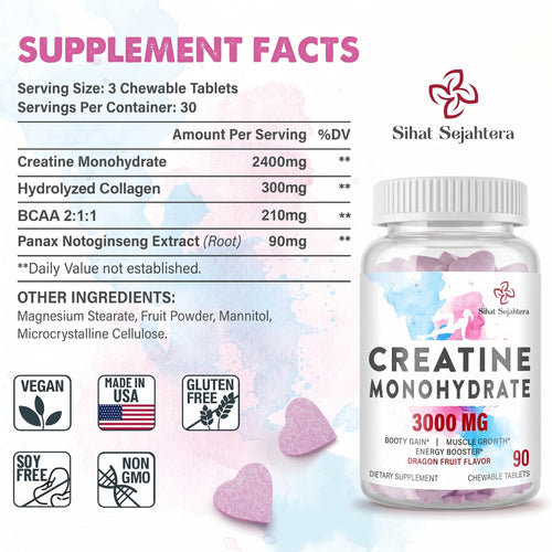 Supplement  facts and ingredients for 3000MG creatine chewable tablets for muscle recovery and strength