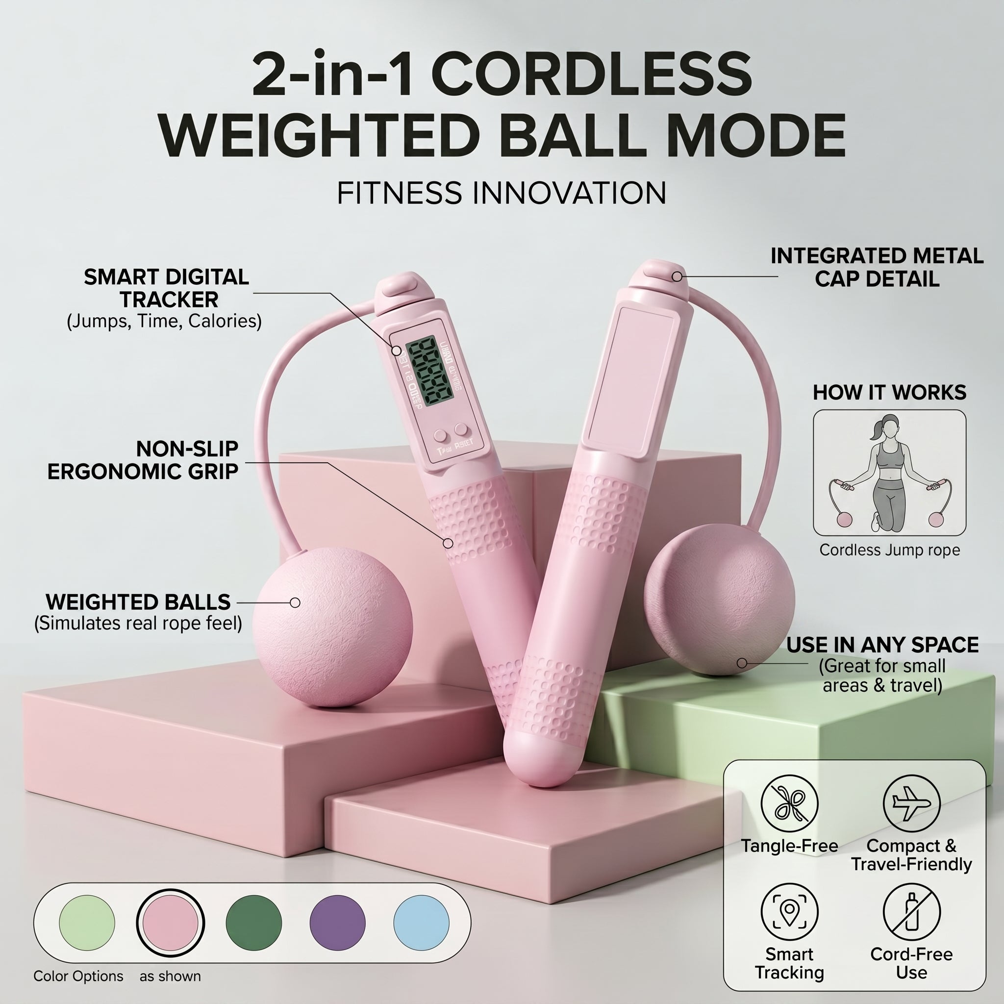 Features of 2-in-1 digital counting jump rope with cordless weighted balls