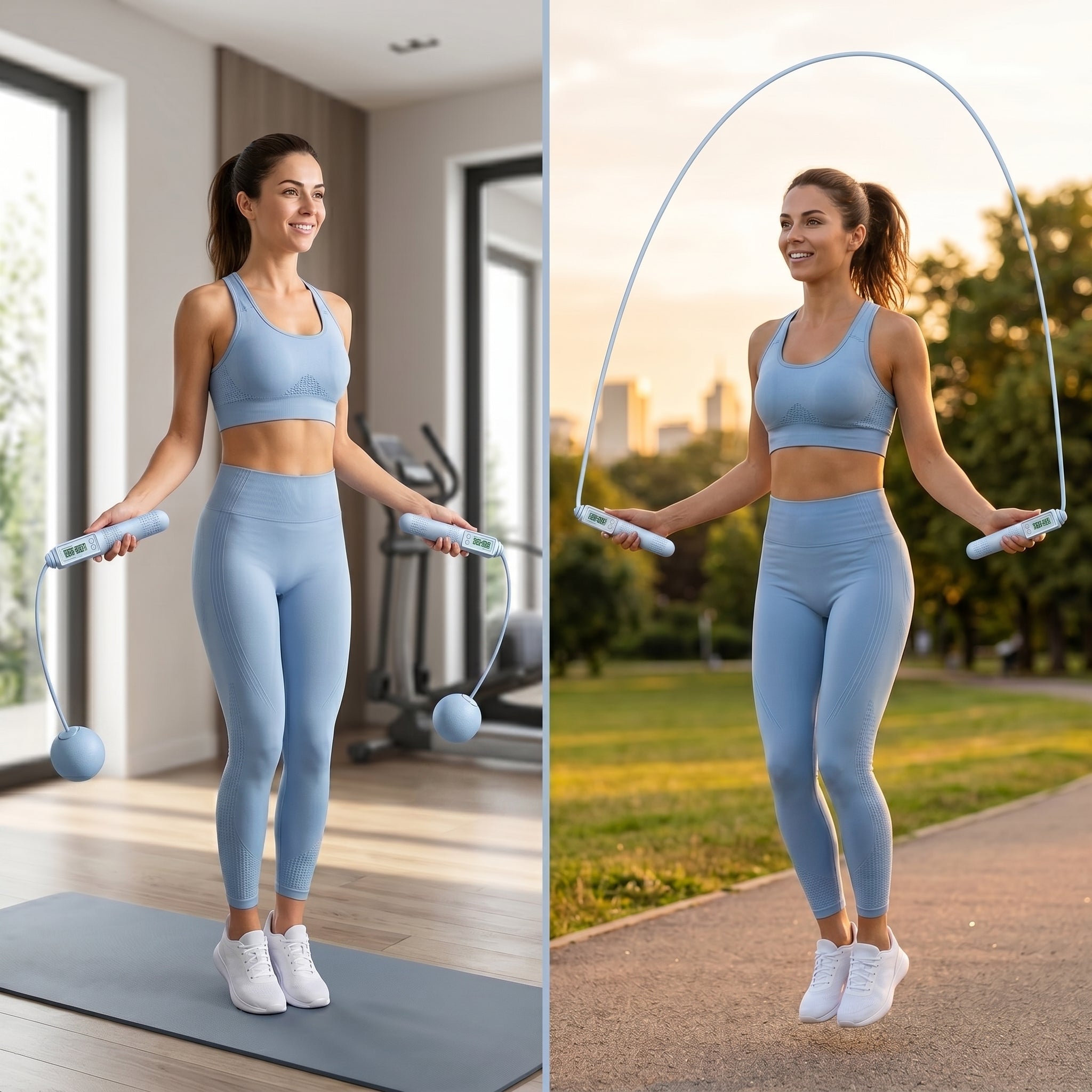 woman using the 2-in-1 digital counting jump rope